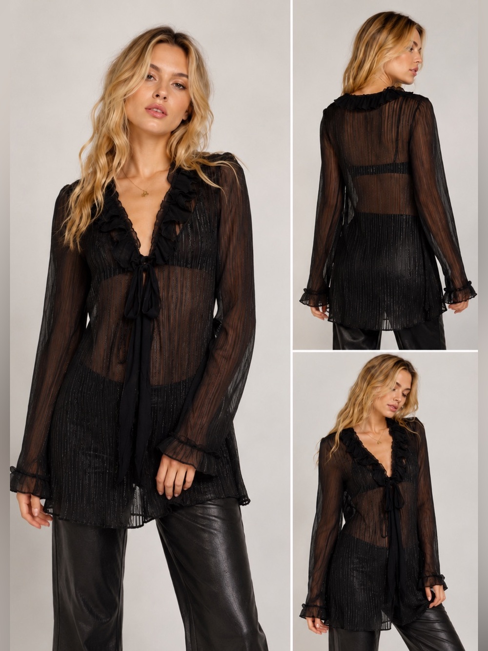 Rodarte Sheer Black Ruffle Tie Blouse Top Women’s Size Large Goth Boho Luxury